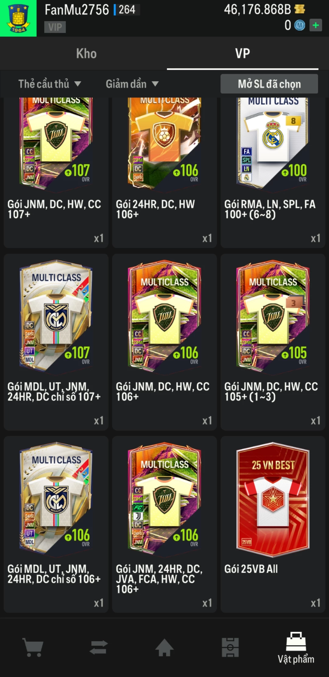 Ảnh ACC mở thẻ (LOẠI SVIP PROMAX) bao gồm có thẻ +12, thẻ Prime (có QH, CP, XS) và 1500+ đến 2000+ thẻ cầu thủ từ Siêu sao đến Miền núi các loại khác. Có sẵn BP trắng trong acc từ 40.000 tỷ BP đến 46.000 tỷ BP kèm theo nhiều ngày SVIP